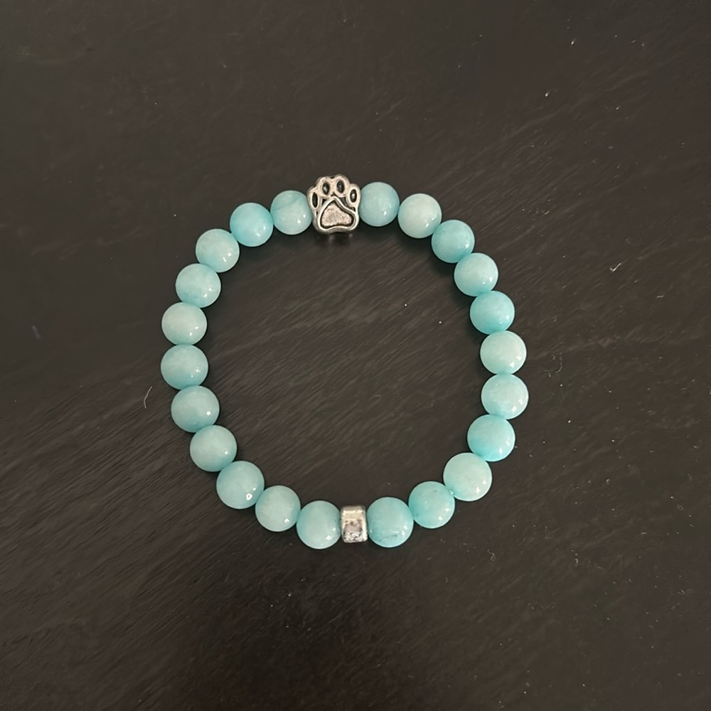 Paw Print Gemstone Amazonite Bracelet, Silver Paw Print, Adjustable Bracelet